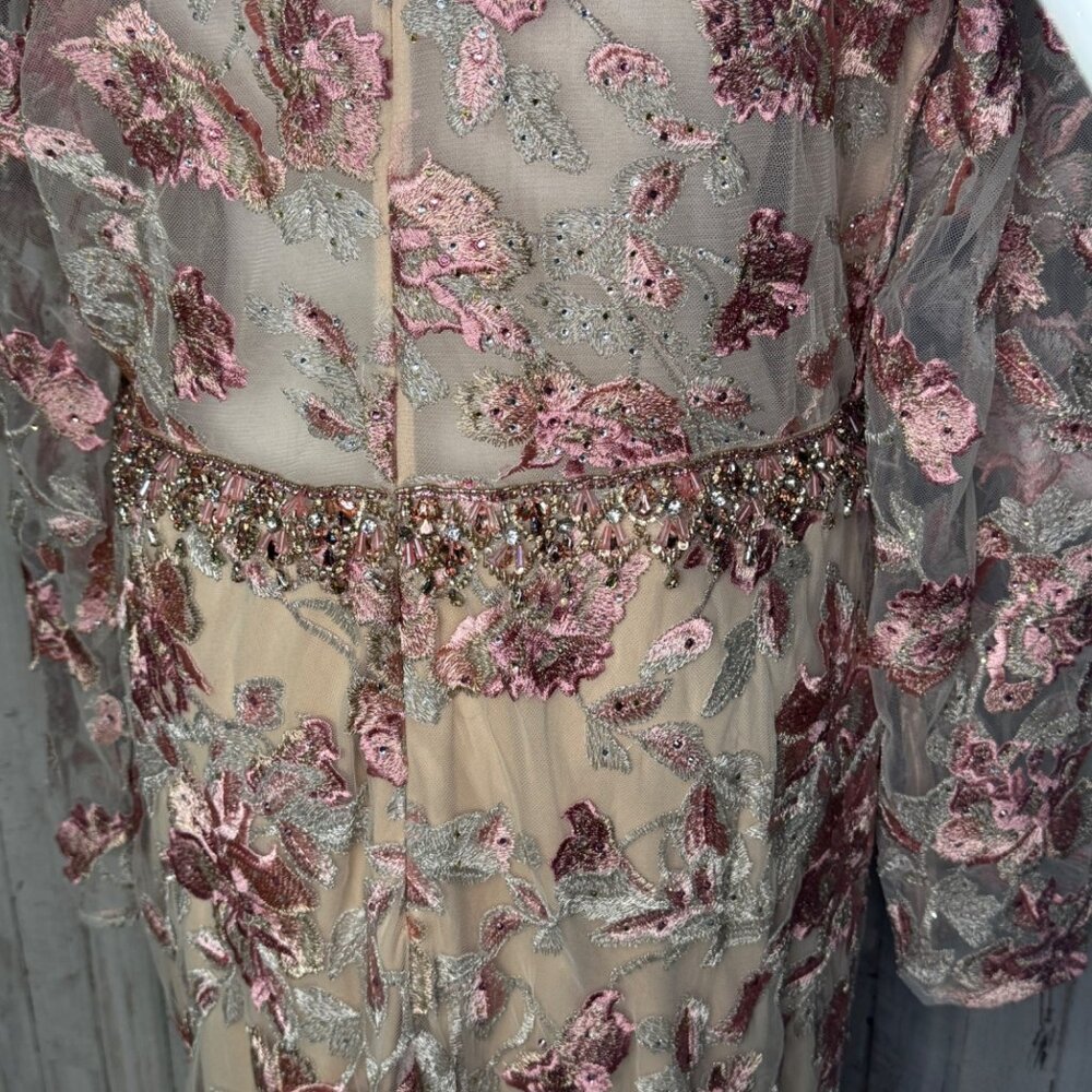 Mac Duggal Floral Embroidered Nude Rose Illusion Long Sleeve Trumpet Size 14 NEW - Picture 12 of 16